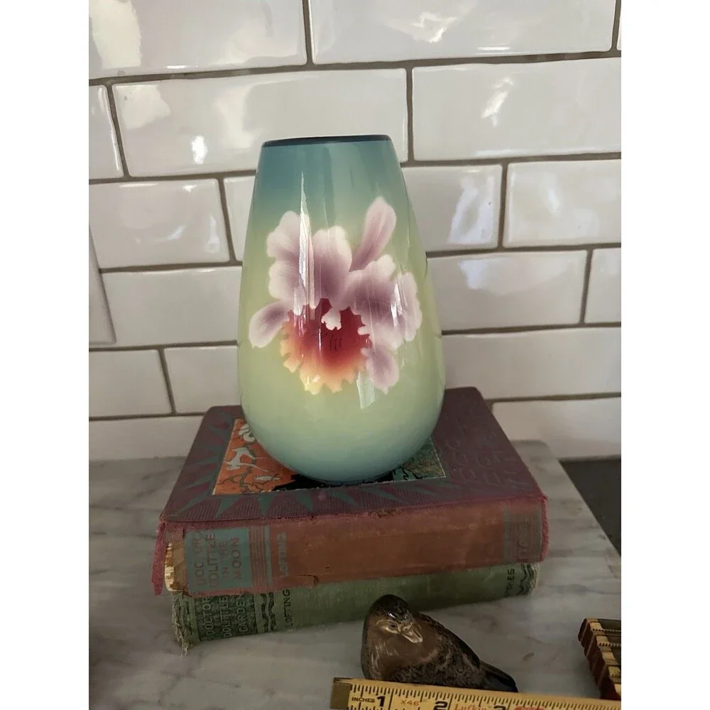 Porcelain MCM Vase in Aqua Blue with Cattleya Flower Fujiclo China Shippo Vase